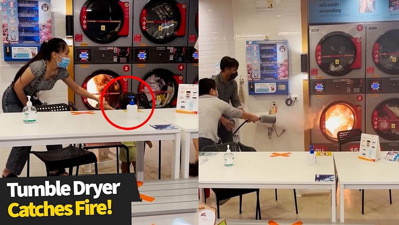 Mother pulls son away after tumble dryer catches fire!