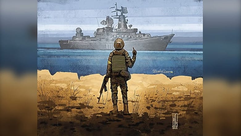 Ukrainian stamp shows soldiers defiantly telling a Russian warship off