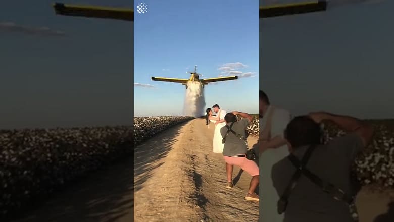 Photographer gets the perfect wedding shot with a plane!