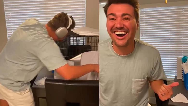 Wife surprises her husband with a puppy for his birthday