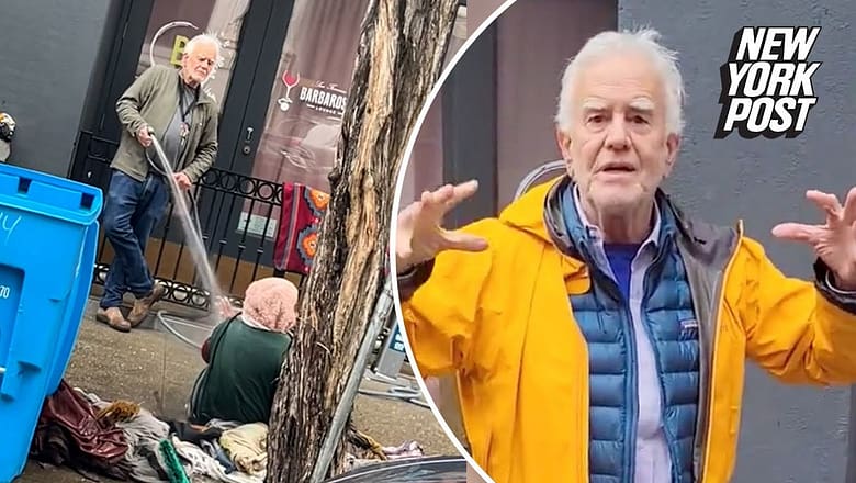 Gallery owner soaks homeless woman with garden hose in viral video | New York Post