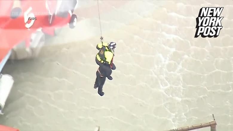Heart-stopping moment man is rescued by helicopter from raging LA river | New York Post