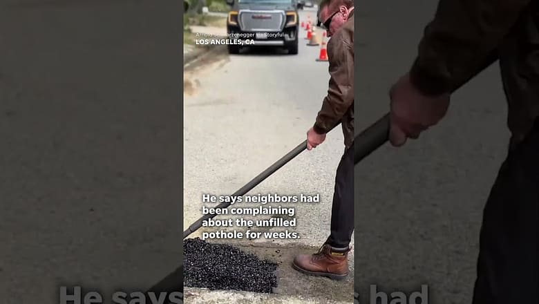 Arnold Schwarzenegger ‘terminates’ pothole near California home #Shorts
