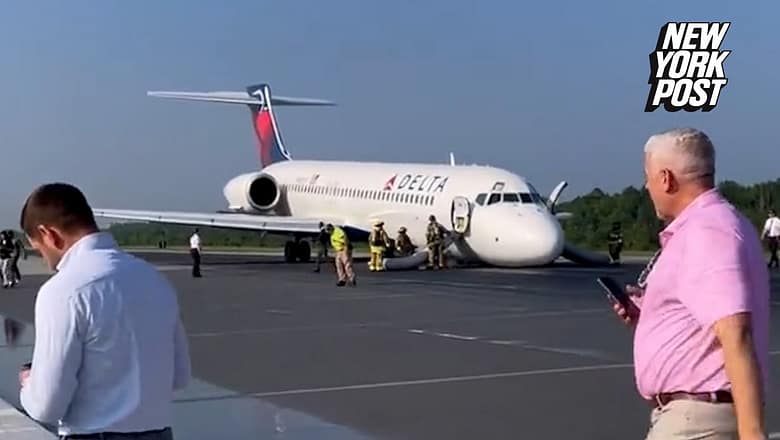 Delta flight with 96 passengers aboard screeches across runway in North Carolina emergency landing