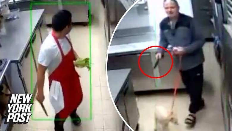 Video shows knife-wielding maniac stalking pizzeria worker, later tries to set him on fire