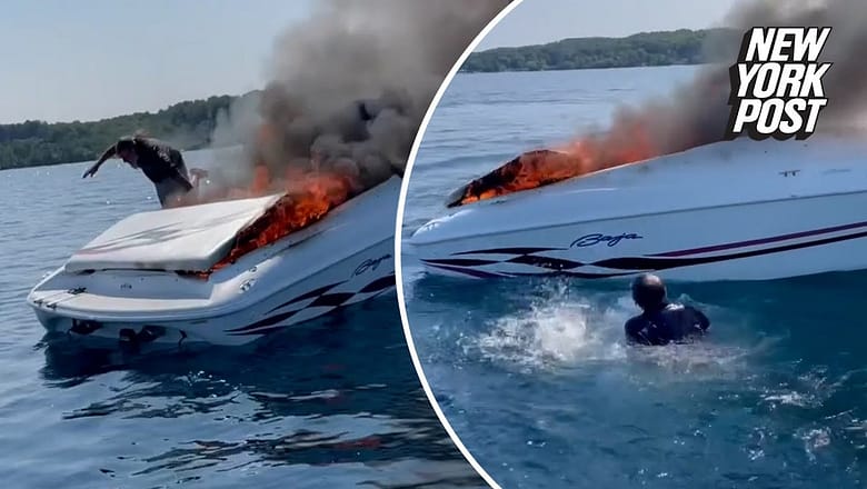 Dramatic video shows men leaping off burning boat seconds before it explodes