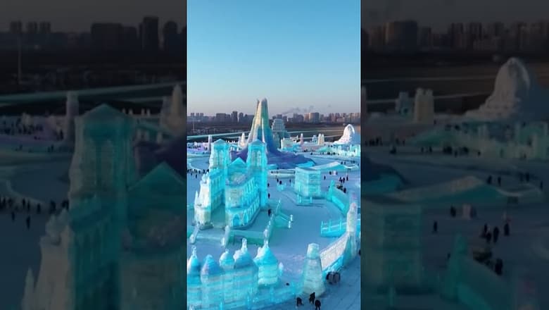 Harbin Ice and Snow World showcases 2,000 ice sculptures, slides #Shorts