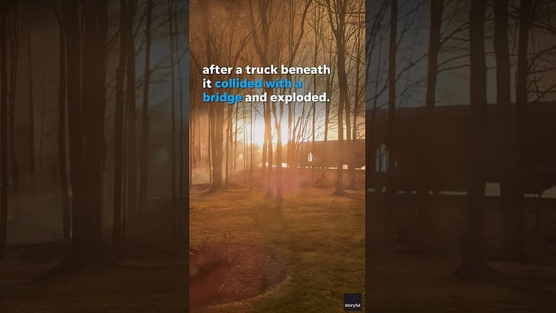 Train passes through fire after natural gas truck hits bridge and explodes #Shorts
