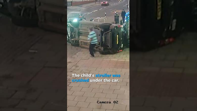 Watch: Heart-stopping moment car flips, barely misses mom and toddler #Shorts