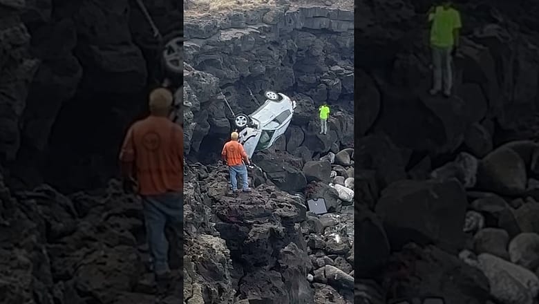 Scary moment as tow truck pulls Jeep from cliffside after driver goes over #Shorts