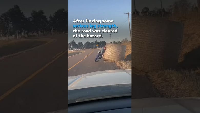 A highway patrol trooper shows muscle moving hay bale off road #Shorts
