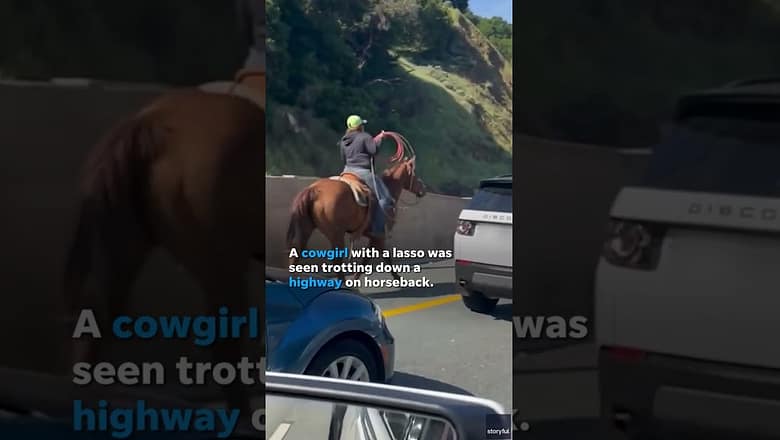 Cowgirl gallops down highway on horseback with lasso in hand #Shorts