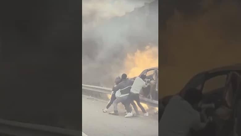 Watch as good Samaritans rush to fire-engulfed car #Shorts