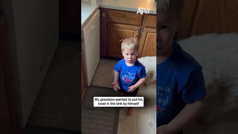 My grandson wanted to put his bowl in the sink by himself