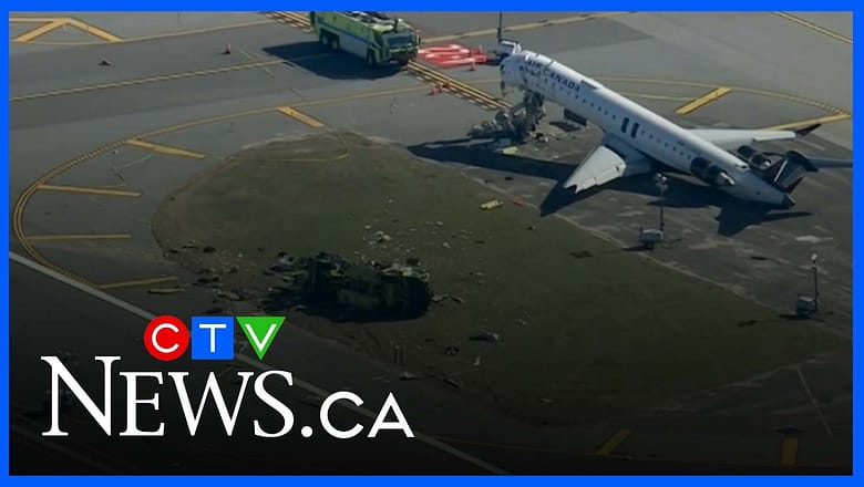Aerial view of wrecked Air Canada plane on a runway at LaGuardia